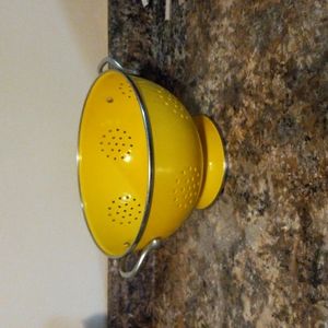 Vintage Yellow 10 inch Metal Enamel   Colander Strainer